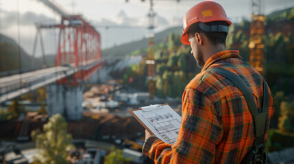A construction worker in a reflective vest is reviewing plans on a bridge construction site.