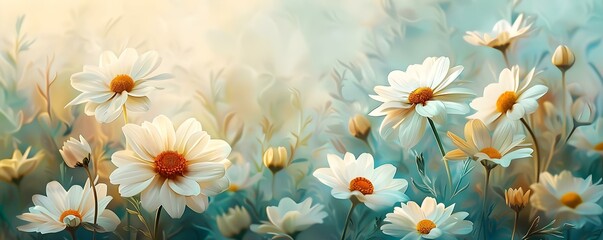 Fototapeta na wymiar Delicate White Daisy Blossoms in a Watercolor Painting. Concept Floral Art, Watercolor Painting, White Daisy, Delicate Blossoms