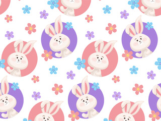 Seamless pattern white rabbit in colored circles and spring primitive flowers isolated on white background. Vector endless childish background for decoration of holiday, Easter, birthday, congratulati