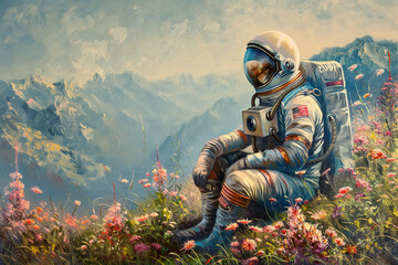 An astronaut on an unknown planet among spring blooming flowers. Oil painting in impressionism style. - obrazy, fototapety, plakaty