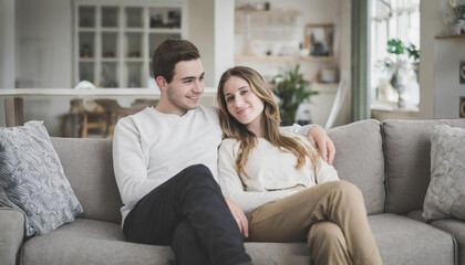 Obraz premium couple sitting on couch; happy couple sitting and hugging on sofa