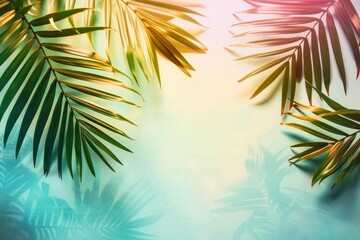Fototapeta na wymiar Summer tropical palm leaves flat lay background with a blank space, stylized image. generative ai.