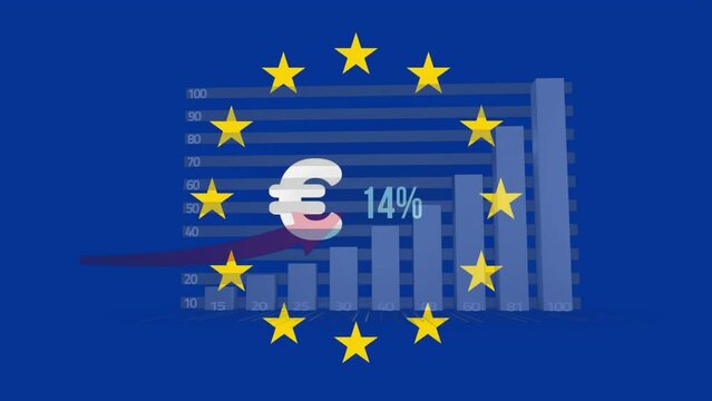 Animation of financial data processing over euro sign and flag of euopean union