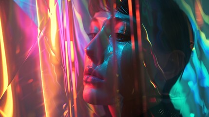 a woman's face behind a plastic curtain - obrazy, fototapety, plakaty