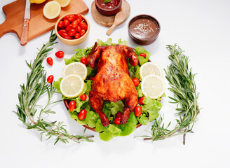 Grilled chicken marinated with mixed herbs, rosemary leaves, black pepper, lemon , seeds, celebration food on a white background