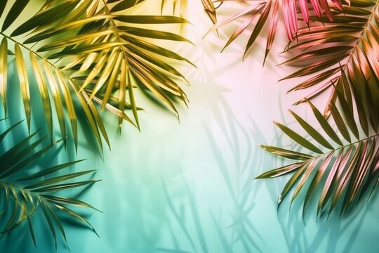 Summer tropical palm leaves flat lay background with a blank space, stylized image. generative ai.