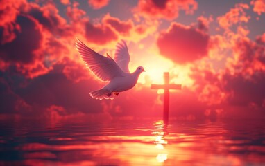 a white dove flying over water with a cross in the background - obrazy, fototapety, plakaty
