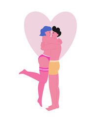 Romantic foreplay. An embracing heterosexual nude couple. Young adult people on a date. Vector illustration