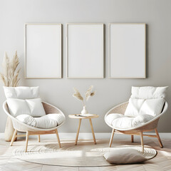 A white room with three white framed pictures on the wall and two white chairs.