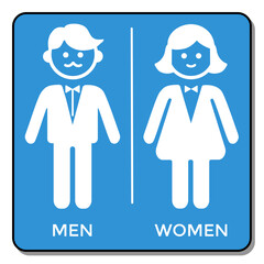 Toilet sign on blue background, man and woman. Vector graphics