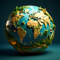 The image shows a 3D globe with a forest landscape on it. The continents are made of yellow and brown continents, and the oceans are blue. The landscape consists of green trees, brown rocks, and orang