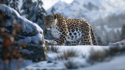 a European Ice Age leopard in a cinematic setting.