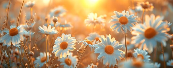 Softfocus daisy field at sunset with white flowers against blurred grass. Concept Flower Photography, Sunset Lighting, Soft Focus, Daisy Field, Blurred Background - Powered by Adobe