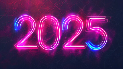 Happy New Year 2025, bright glowing neon sign typography numbers design over dark blue background.