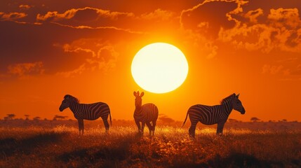 Zebras on African Savanna at Sunset