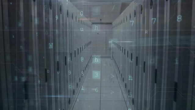 Animation of virus warning text and digital data processing over computer servers