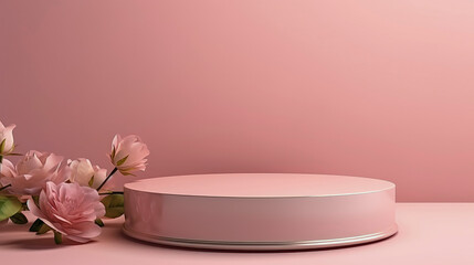 Obraz na płótnie Canvas Modern empty round pink empty podium for cosmetic or product on pale pink background. Stand with artificial flower roses. Gradient wall, stage studio. Advertisement, 3d, blurred shadow. Copy space.