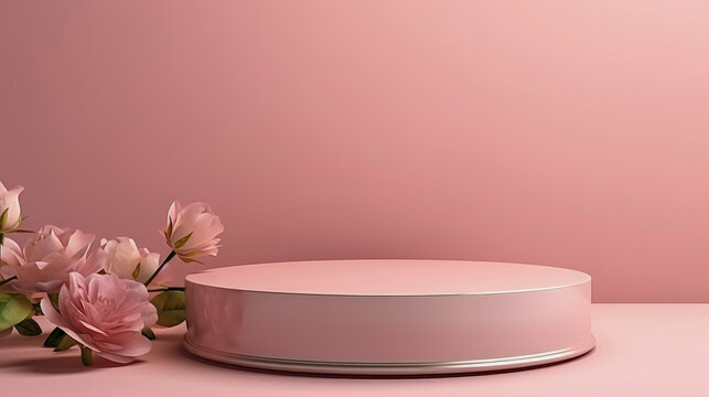 Modern empty round pink empty podium for cosmetic or product on pale pink background. Stand with artificial flower roses. Gradient wall, stage studio. Advertisement, 3d, blurred shadow. Copy space.