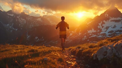 Fototapeta premium Running in Mountains at Sunset Freedom