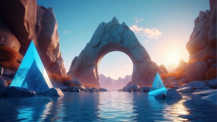 3d render abstract virtual landscape with blue rocks and mountains surreal wallpaper fantastic background with triangular portal
