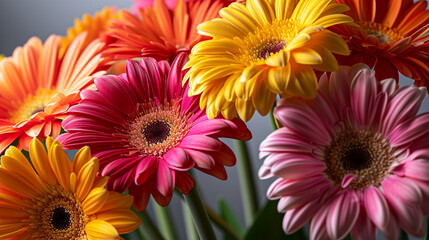 A vibrant bouquet of mixed gerbera daisies, their bright, cheerful colors and large blooms captured in high-definition 4K HDR, set against a simple, light background.