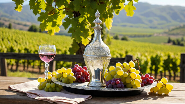 Still life with vintage decanter, glass filled with pink wine fresh and ripe large white grapes on antique silver platter on wooden table in soft sunlight on blurred background of mountain vineyard.