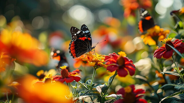 A vibrant butterfly garden with a mix of flowers attracting various butterflies. The 4K HDR image captures the dynamic interaction of the butterflies with the colorful blooms.