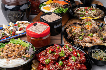 boneless, crab marinated, bibimbap, set menu, Korean food, cockles, soy sauce, marinated, shrimp sauce, abalone, seafood, side dishes
