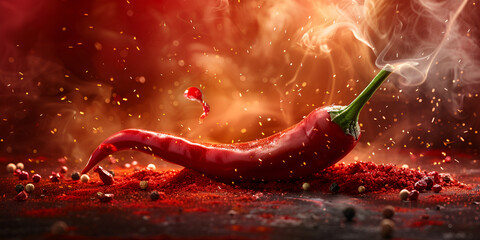 Red hot chili pepper with flame fiery hot fresh red spicy food and spices blurred background - obrazy, fototapety, plakaty