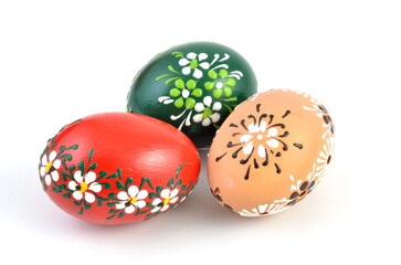 Easter eggs on white background. Home made, hand made decoration. - 752927479