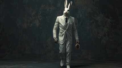 an elegantly dressed male donning a 3-piece white suit with coat tails, white shoes, and a white rabbit mask, a black necktie, in a heroic pose against a dark background.