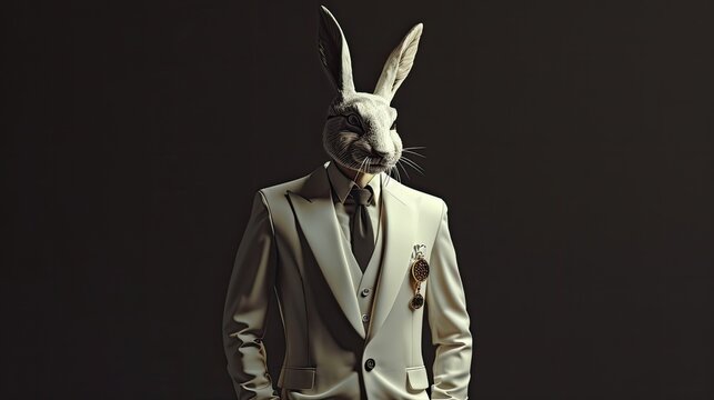 an elegantly dressed male donning a 3-piece white suit with coat tails, white shoes, and a white rabbit mask, a black necktie, in a heroic pose against a dark background.