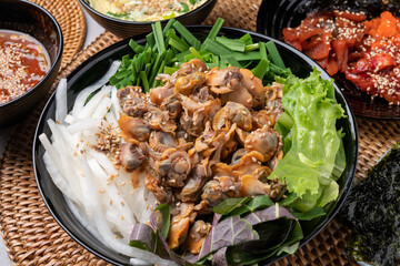 boneless, crab marinated, bibimbap, set menu, Korean food, cockles, soy sauce, marinated, shrimp sauce, abalone, seafood, side dishes