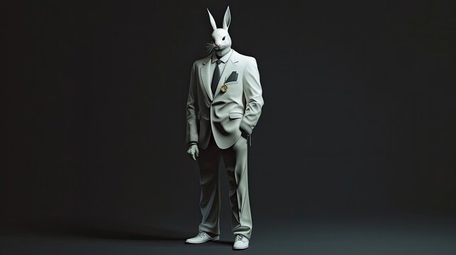 an elegantly dressed male donning a 3-piece white suit with coat tails, white shoes, and a white rabbit mask, a black necktie, in a heroic pose against a dark background.