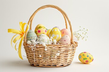 Colorful Easter Egg Basket Blessing. Happy easter jesus christ bunny. 3d Easter Ecstasy rabbit illustration. Cute Easter basket snacks festive card easter cupcake decoration copy space wallpaper