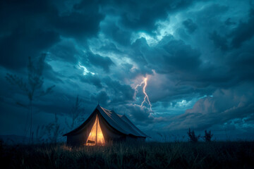 A large tent with light coming out of it in the field in the evening against the background of an approaching storm in the sky with lightning
