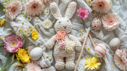 Handcrafted Knitted Easter Bunny with Decorated Eggs.