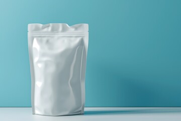 White doypack pouch on a pastel blue background