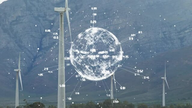 Animation of network of connections over globe and wind turbines