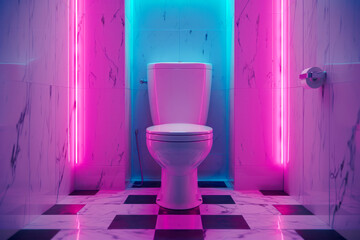 Toilet in a club, view of the toilet lit with pink and blue neon lights
