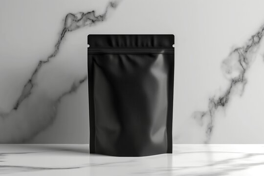 Black doypack pouch on a white marble background