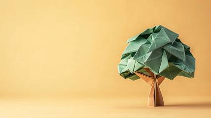 Arbol hecho con papel técnica origami sobre fondo naranja - obrazy, fototapety, plakaty