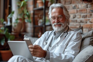 Fototapeta premium Elderly male doctor in white coat with stethoscope smiling while holding a tablet in a cozy office setting