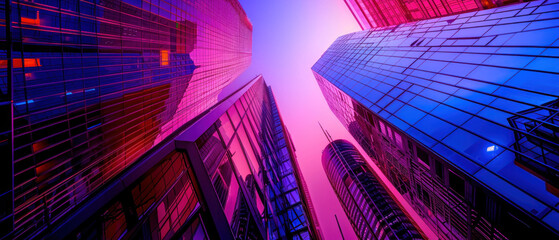 Neon-lit Financial District, Futuristic glow on skyscrapers at dusk, Cityscape