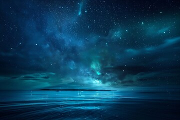 night sky with blue and green aurora azure - obrazy, fototapety, plakaty