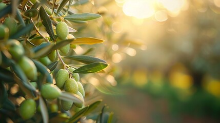 Obraz premium green olives, dusty grey leaves , out of focus grove of olive tree in the in the background