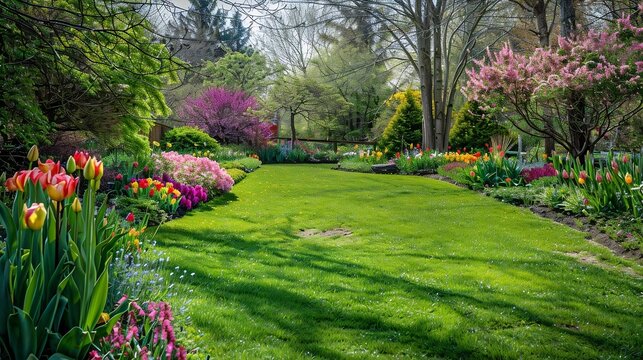 A picture of Spring in a garden. Flowers are starting to bloom