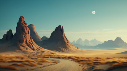 Naklejka premium Serenely lit desert landscape with towering mountains and a clear moon above