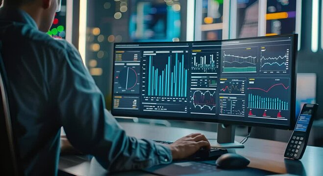 An analyst uses computers and dashboards for business analysis of data