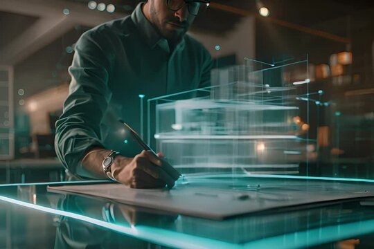 an architect draws a building design in the form of a hologram
